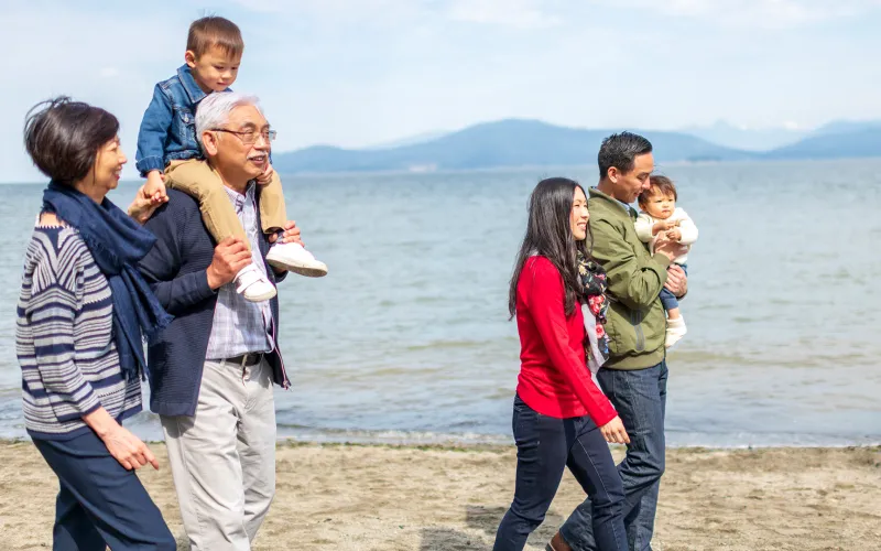 Extended family walking along the beach