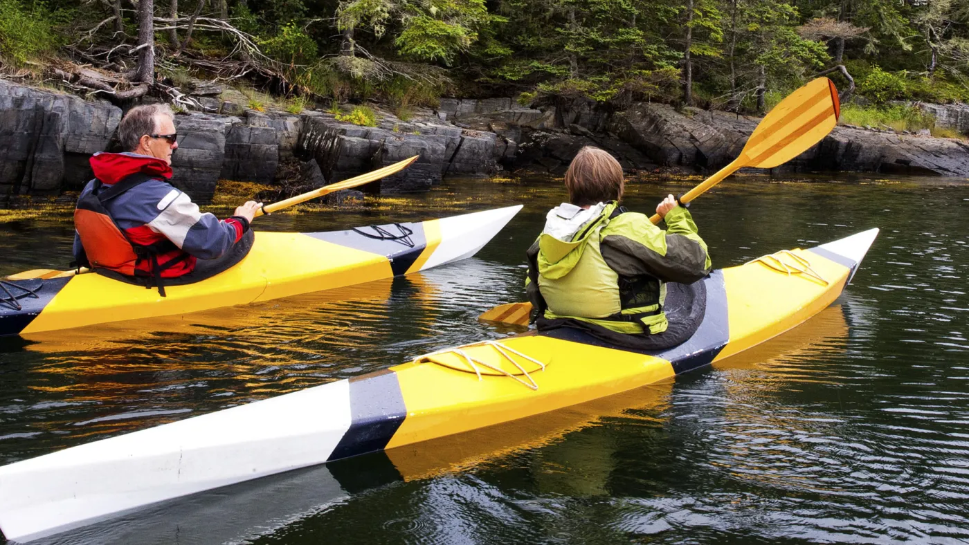 Two kayakers paddling on ocean