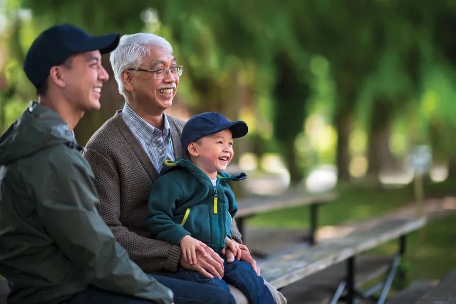 A family sitting together on a bench